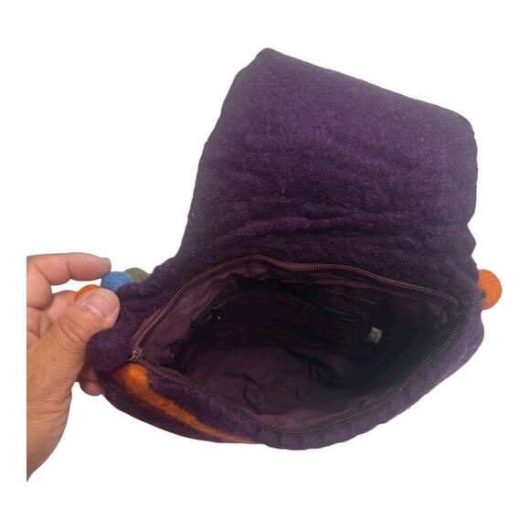 RISING TIDE Purple Hand Stitch Round Wool Felt Ball Bag Boho Artsy Hippie Nepal - Picture 11 of 14
